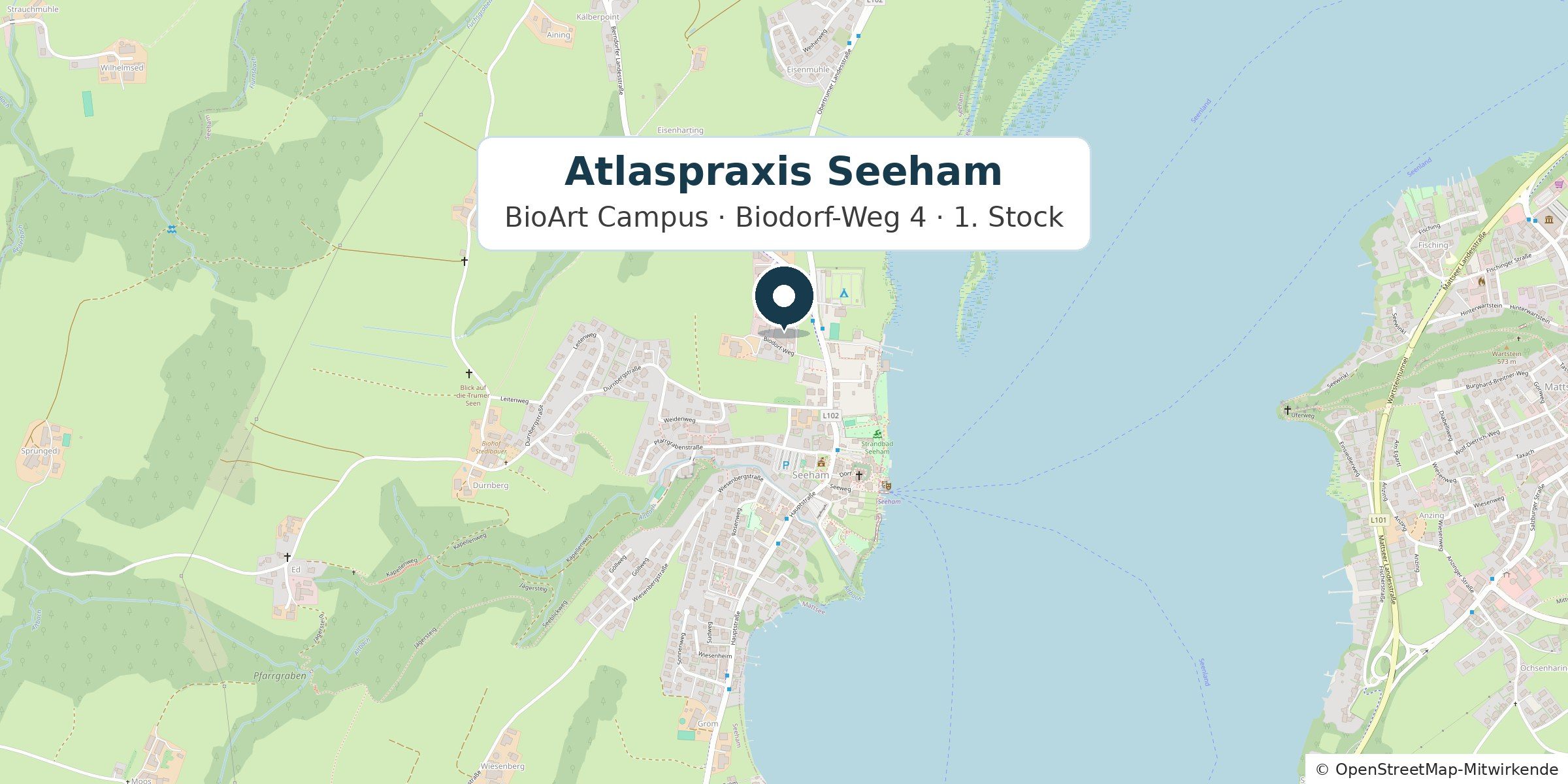 Karte: Atlaspraxis Seeham im BioArt Campus, Biodorf-Weg 4/12, nördlich des Ortszentrums von Seeham am Obertrumer See