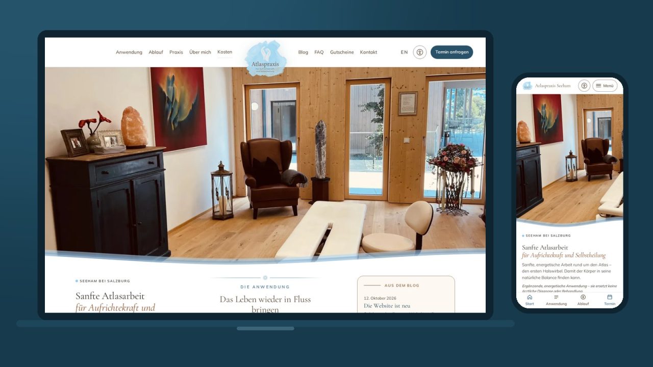 Die neue Website der Atlaspraxis Seeham auf Laptop und Handy: Startseite mit Praxisraum, Menü und Terminanfrage